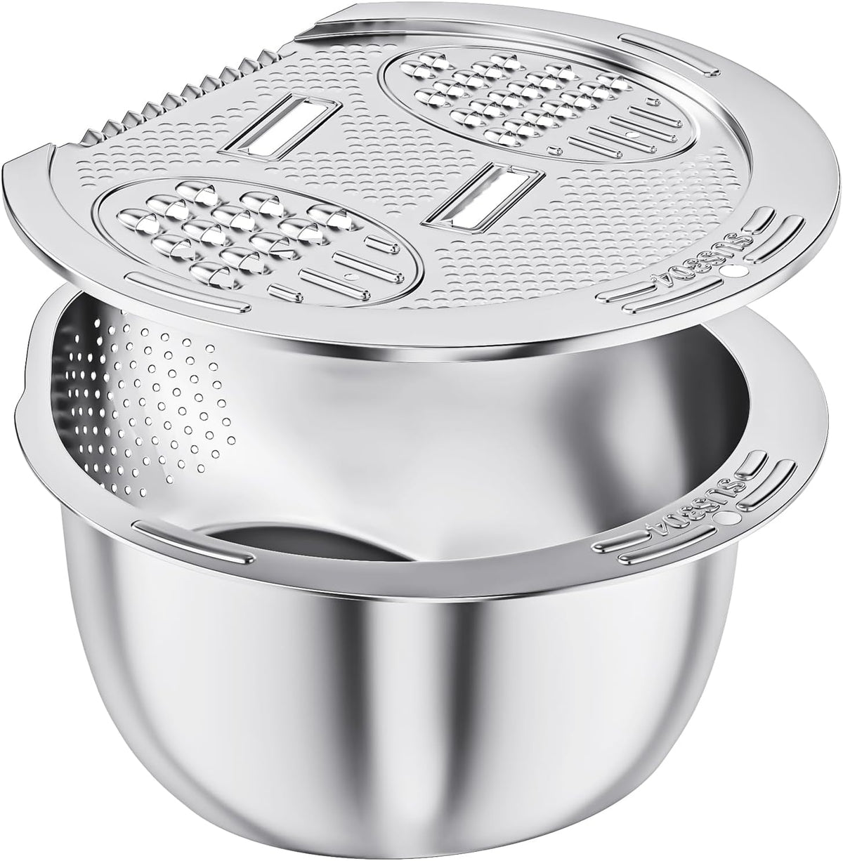 ESOW Colander Set Stainless Steel, Rice Washer Strainer Bowl with Grater, Multipurpose Use for Food Storage, Draining Water, Cutting and Slicing/Shredding, Kitchen Essentials