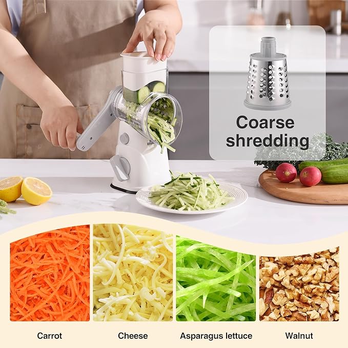 Rotary Cheese Grater Hand Crank, Kitchen Mandolin Vegetable Cheese Shredder with 3 Interchangeable Blades,Easy Clean Rotary Grater with Handle,Kitchen Grater Grinder for Cutting Cheese,Vegetable Nuts