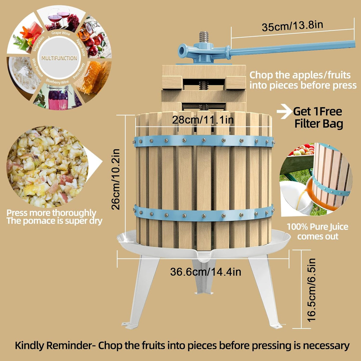 SQUEEZE master Fruit Apple Cider Wine Press-Blue-3.17 Gallon/12L-Solid Wood Basket-Vintage traditional juicer-Pole Handle Bar for Juice,Wine-1 free filter bag included