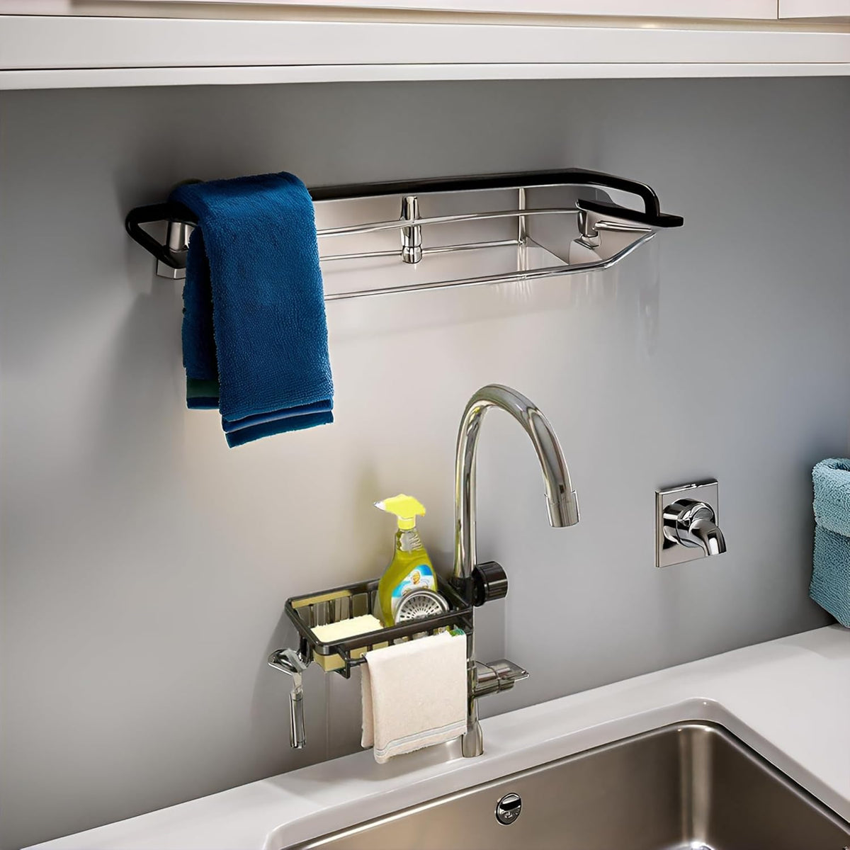 Kitchen Sink Faucet Organizer, Dish Sponge Holder Over Faucet Kitchen Sink Caddy Organizer with Hook for Bathroom, Scrubbers, Soap, Work with 0.7-1.1inch Round Water Pipe (Black,Left)