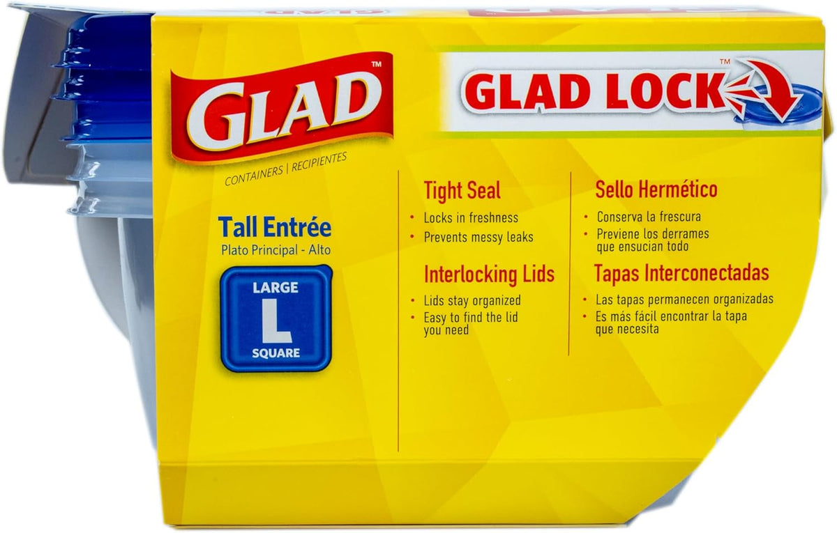 Glad GladWare Tall Entree Food Storage Containers - Large Square - Meal Container Holds up to 42 Ounces of Food - Lock Tight Seal, 3 Count - 6 Pack