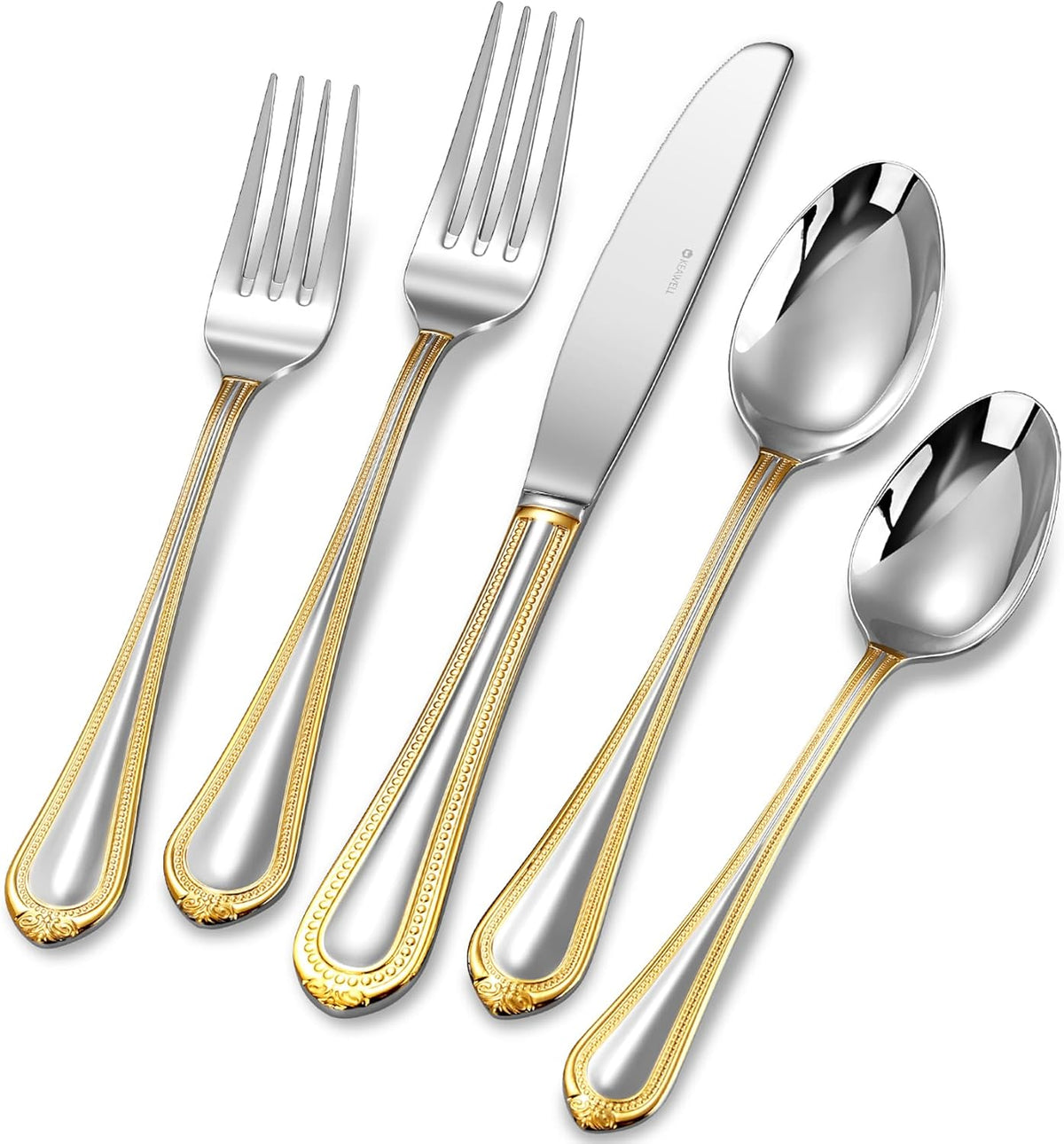 KEAWELL Pearl Edge Premium 45-Piece Refined Bead Silverware Set, 18/10 Stainless Steel, Service for 8, Fine Flatware Set with Serving Utensils, Dishwasher Safe (45, Gold Accent)