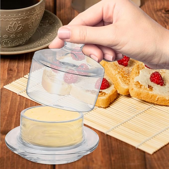 4 PCS Clear Glass Butter Dish with Lid Mini Butter Cloche Clear Small Butter Dish with Cover Glass Butter Keeper with Lid and Handle Crystal Butter Serving Container for Candy, Dessert, Jam