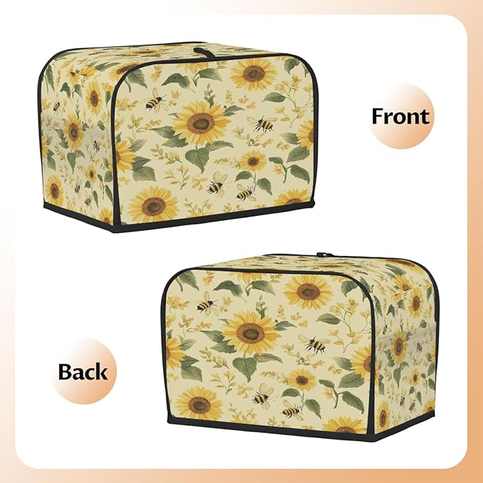 2 Slice Toaster Cover,Sunflower Bee On Retro Small Kitchen Appliance Bread Machine Cover with Pockets,Dust & Fingerprint Protection