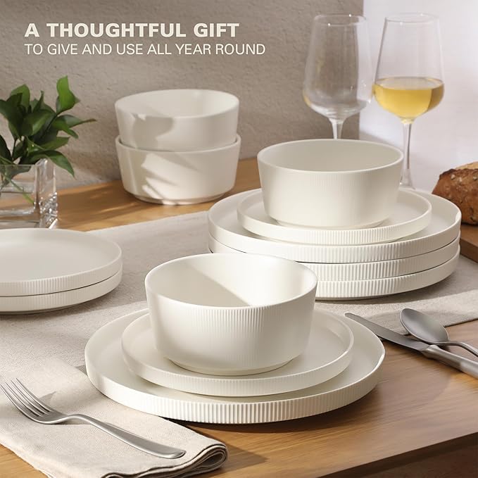 Gibson Home Dempsey Road 12-Piece Stoneware Dinnerware Set – Service for 4, Round White Plates and Bowls, Durable Solid Color Modern Embossed Dish Set, Microwave & Dishwasher Safe
