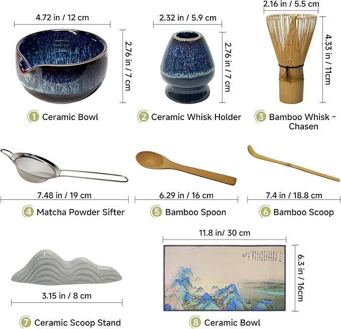 Matcha Whisk Set with Ceramic Bowl - Bamboo Whisk (Chasen), Scoop, Sifter & Holder - Complete Kit for Traditional Matcha Tea - Unique Gifts for Women, Men, Tea Lovers (Luminous-Auric-Sands)