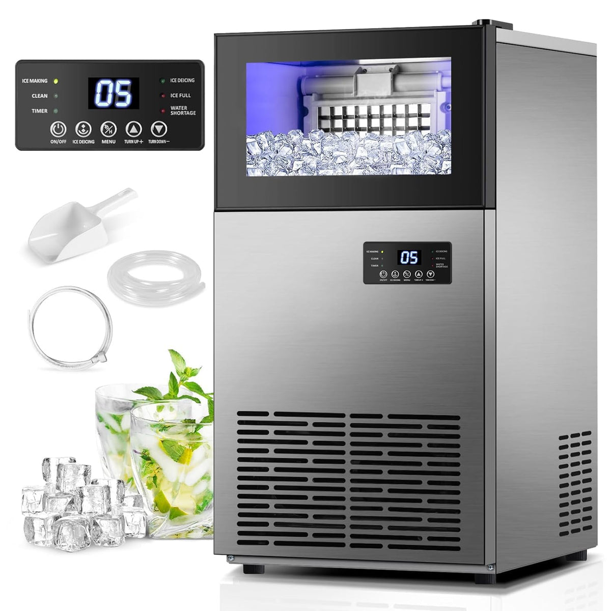 Commercail Ice Maker 130Lbs/24H with 35Lbs Ice Capacity,Upgraded 15" Wide Under Counter Ice Machine 45Pcs Ice Cubes,Commercial Ice Machine Self Clean Stainless Steel Built-in or Freestanding