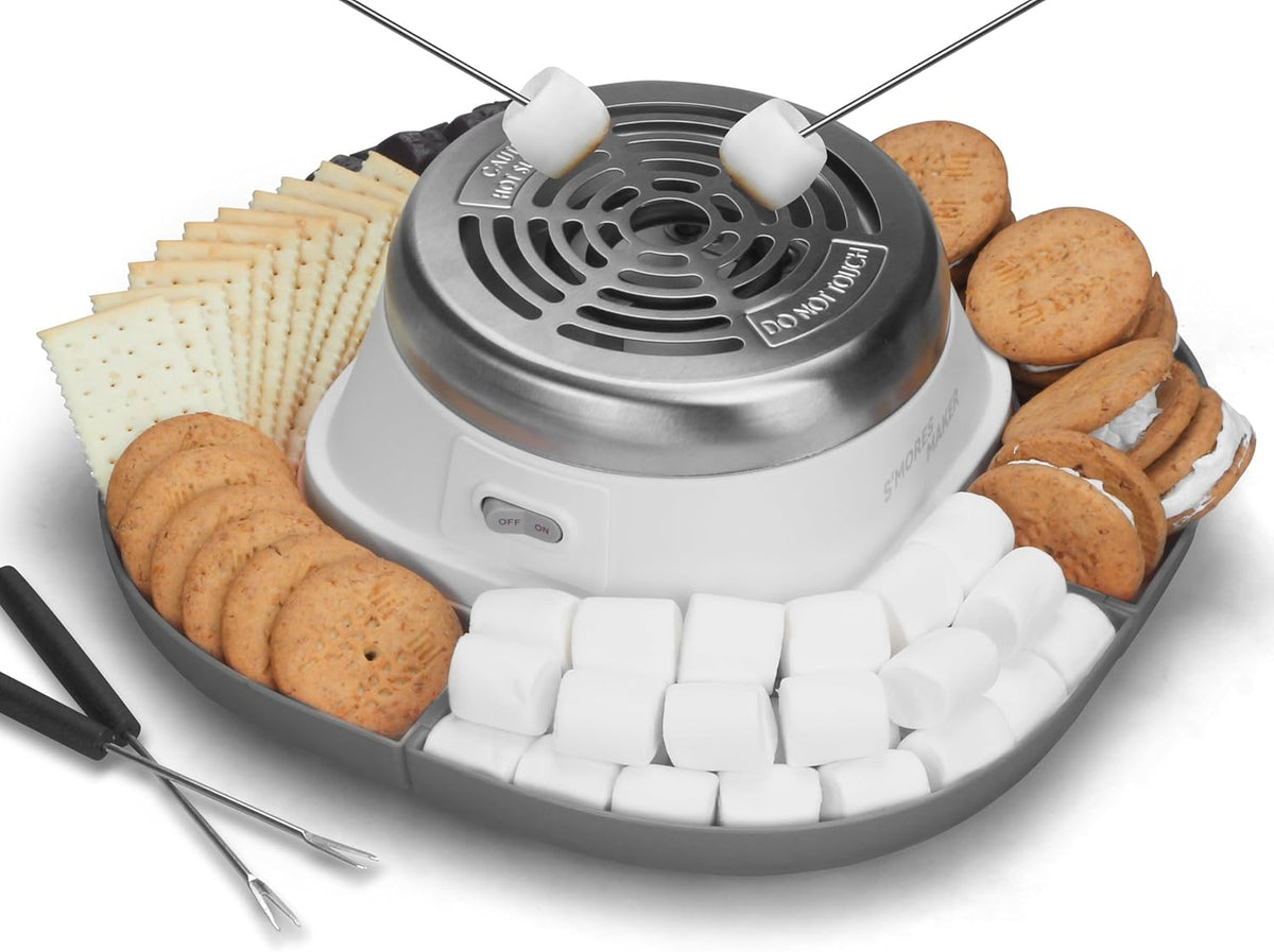 Smores Maker Tabletop Indoor Kit, Indoor Marshmallow Roaster, Flameless Electric S'mores Maker, Smores Maker with 4 Detachable Tray & Roasting Sticks, Gift for family & Date Night, Grey