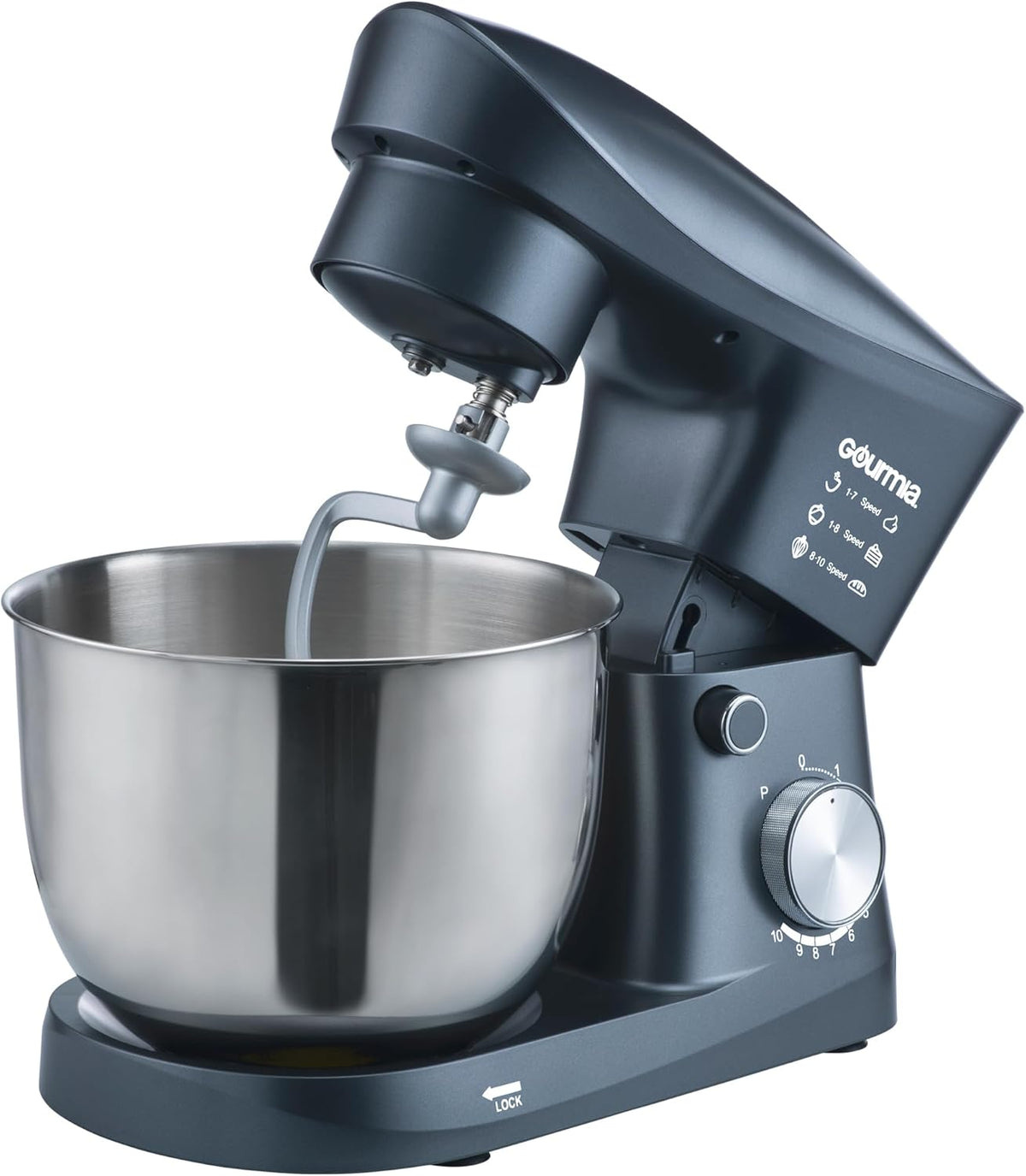 Gourmia 5 Quart 10-Speed Electric Stand Mixer with Bowl + Shield, Dough Hook, Whisk and Beater - Household Kitchen Standing Dough Maker Machine