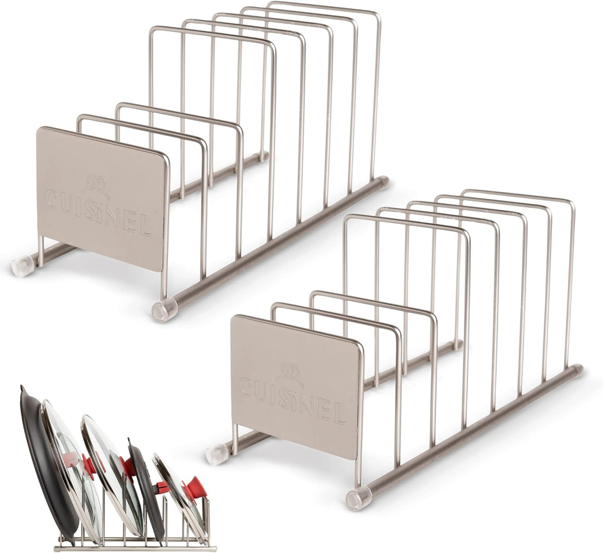 Cuisinel Lid and Dish Organizer Rack - 2-Pack Satin Nickel Kitchen Storage Organization Stand - Plate Holder, Pan/Pot Covers, Cutting Board and Cookie Sheet Divider - 7-Tier Cabinet/Counter Display