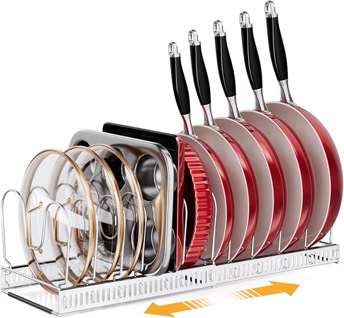 MUDEELA Pot Rack - Expandable Pots and Pans Organizer under Cabinet, Pot Lid Organizer Holder with 12 Adjustable Compartment, Kitchen Cabinet Organizer and Storage for Cutting Board, Skillets Pan