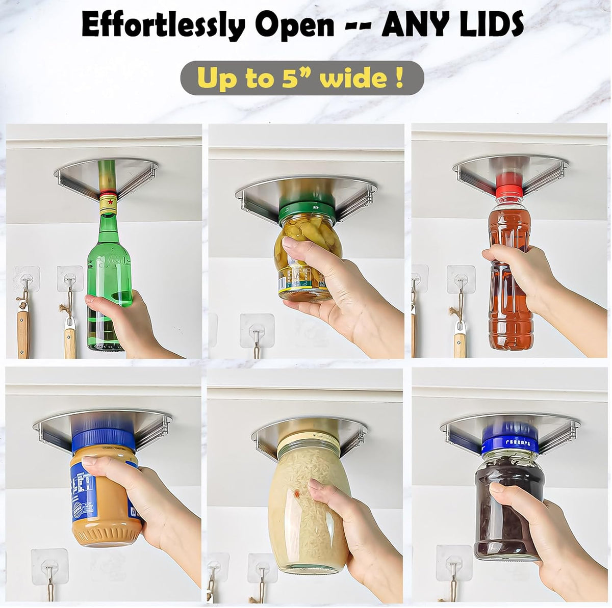 Upgraded Stainless Steel Jar Opener for Seniors, Under Cabinet Jar Openers for Weak Hands, Jar Lid & Bottle Cap Opener Tool, Under Counter Can Opener, One Handed Jar opener