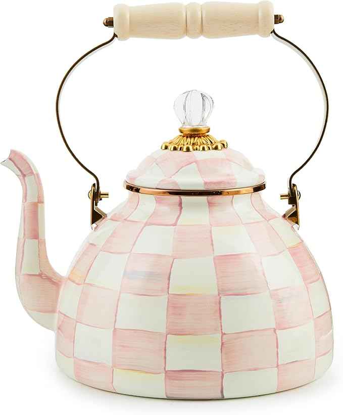 MACKENZIE-CHILDS Enamel Tea Kettle, Stylish Tea Kettle for Stovetop, Pink-and-White Rosy Check, 3 Quarts