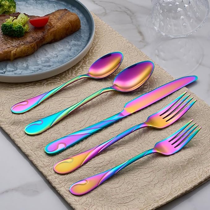 Rainbow Silverware Set for 12, 60-Piece Stainless Steel Flatware Set, Shiny Rainbow Metal Cutlery Set, Include Fork, Knife and Spoon Set, Dishwasher Safe