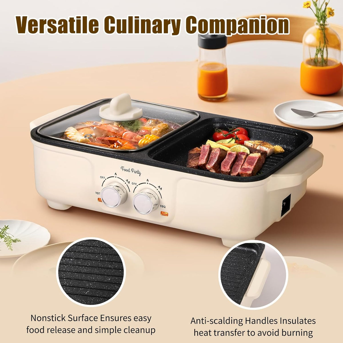 Food Party Hot Pot Electric Grill 2 in 1 Korean BBQ Grill Indoor Smokeless Hotpot Pot Electric Cooker Sahabu Shabu Pot Non Stick (Small)