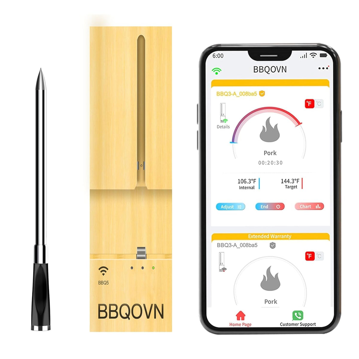 WiFi Bluetooth Wireless Meat Thermometer Unlimited Range, Check Temp Anywhere,7 NIST Certified Sensors with Ambient Temp, Monitor for BBQ, Grill, Oven, Smoker, Air Fryer (Black)