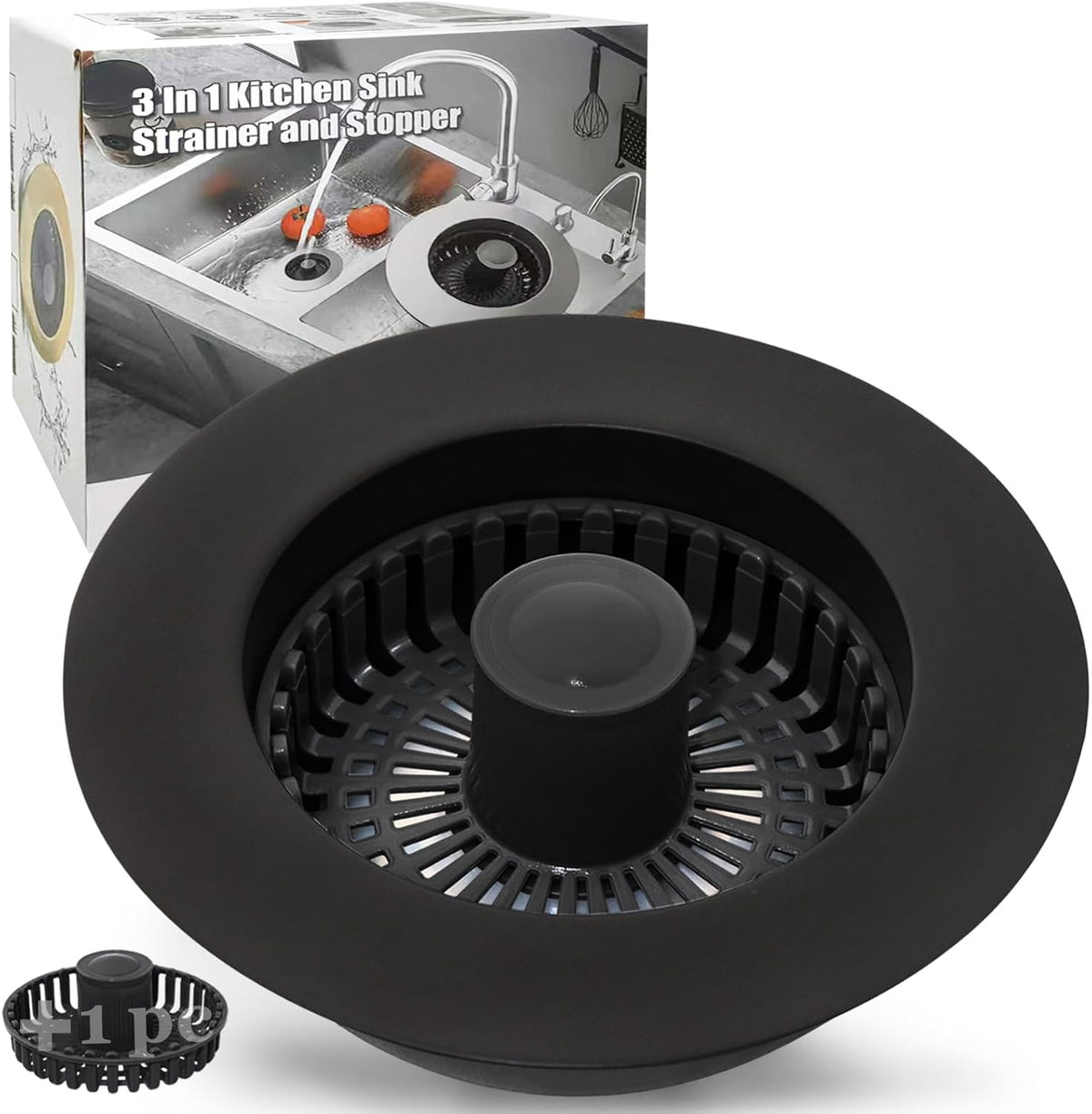 Kitchen Sink Drain Strainer, 3 in 1 Pop Up Kitchen Sink Stopper, with An Extra Basket Strainer, Universal for US Standard 3-1/2 Inch, Black