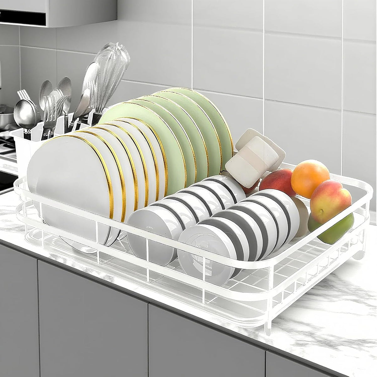 Dish Drying Rack Stainless Steel Drying Racks for Kitchen Counter Large Capacity Storage Racks with Drainboard Curlery Holder Multicolor (White)