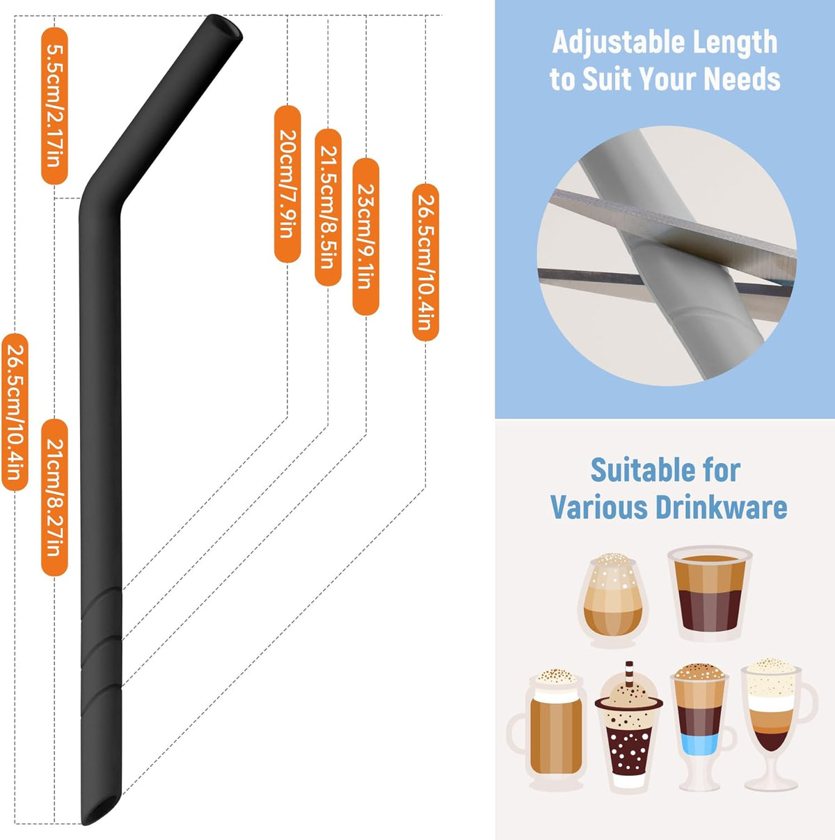 NiHome 6PCS Extra Wide Reusable Bent Silicone Straws for Boba, Smoothies, Bubble Tea, Bent Straws for Thick Drinks, Child-Safe, Customizable Length, 2 Brushes Easy Cleaning (Black, White & Gray)