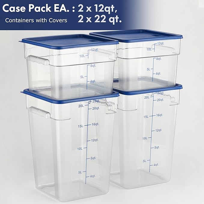 CURTA 4-Pack Food Storage Containers with Blue Lids - 12 Qt & 22 Qt Square Clear Polycarbonate - NSF Listed, Commercial Grade, Freezer & Dishwasher Safe, Stackable
