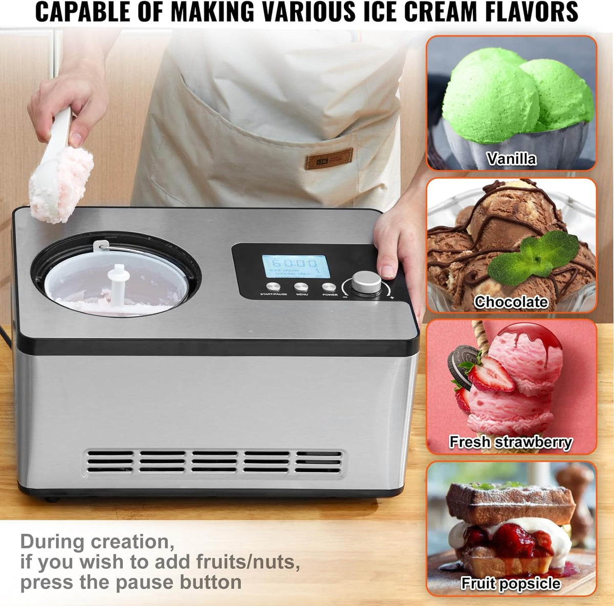 VEVOR Automatic Ice Cream Maker with Built-in Compressor, 2 Quart No Pre-freezing Fruit Yogurt Machine, Stainless Steel Electric Sorbet Maker, 3 Modes Gelato Maker with LCD Display & Timer, Silver