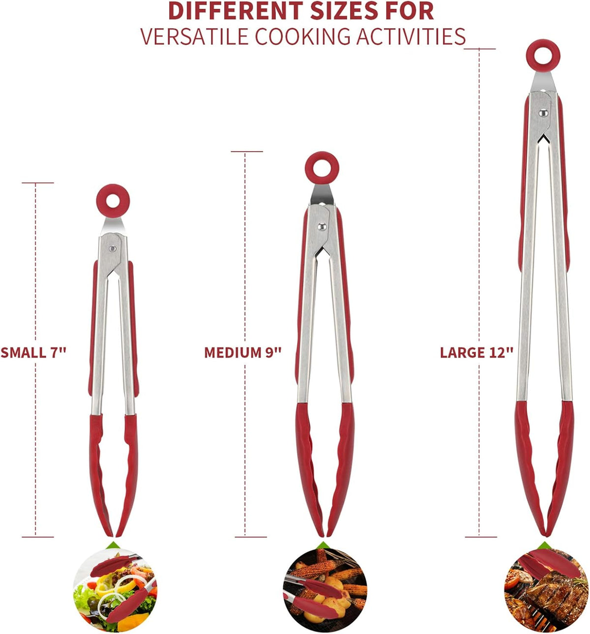 U-Taste Kitchen Tongs, 7/9/12 inches Cooking Tongs, with 600ºF High Heat-Resistant Non-Stick Silicone Tips, 18/8 Stainless Steel Handle, for Food Grill, Salad, BBQ, Frying, Serving, Pack of 3(Red)