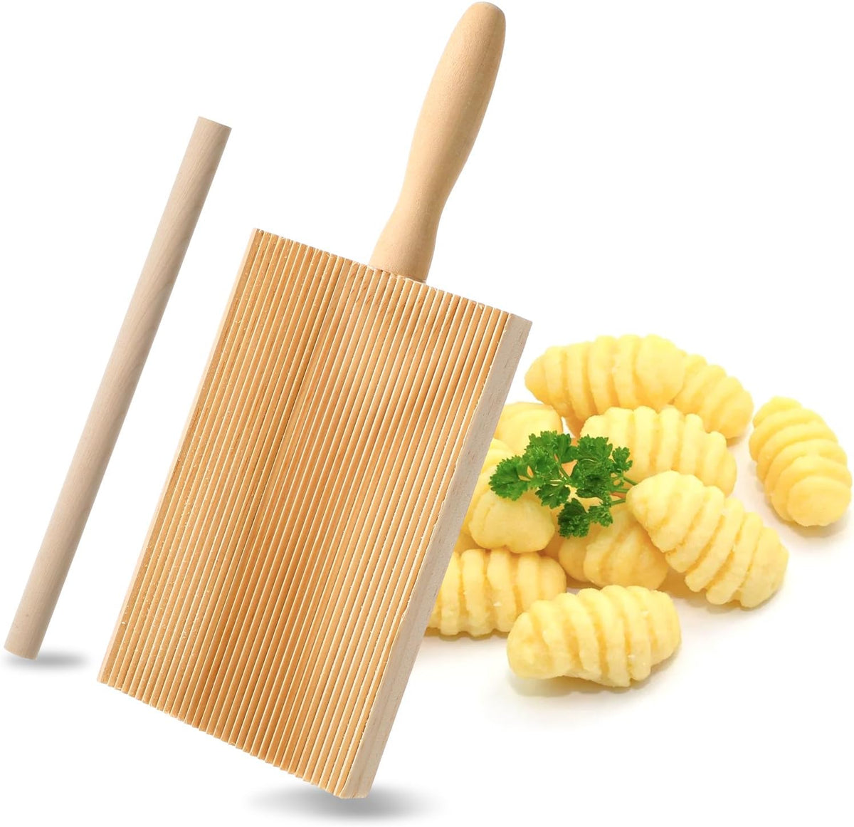 Gnocchi Boards and Ravioli Rolling Pin, Wood Gnocchi Pasta Making Tools Curved Gnocchi Board Paddle Roller for Homemade Pasta for Pasta Lovers Baking