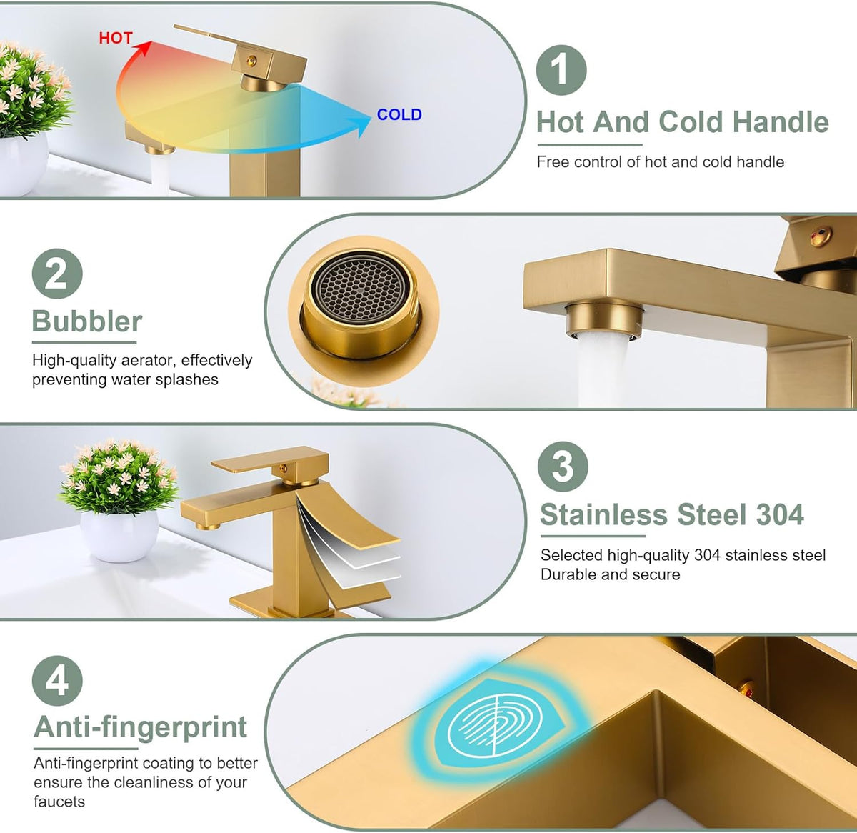Bathroom Faucet Brushed Gold Single Handle Vessel Sink Faucet 1 Hole Modern Stainless Steel Vanity Faucet for Bathroom Sink with Pop Up Drain Stopper & Water Supply Hoses