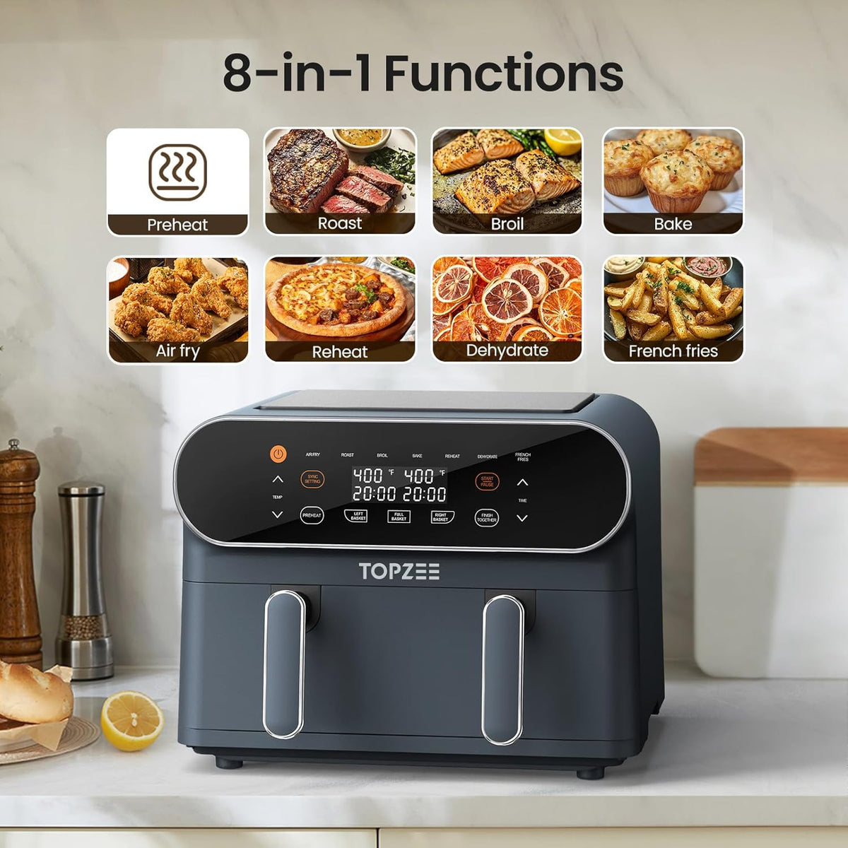 11-QT Large Air Fryer - 8 in 1 XL Airfryer with Flex Basket, Divider for Dual Cooking, Preheat, Air Fry, Roast, Broil, Bake, Reheat, Dehydrate, French Fries Dishwasher Safe, Gray
