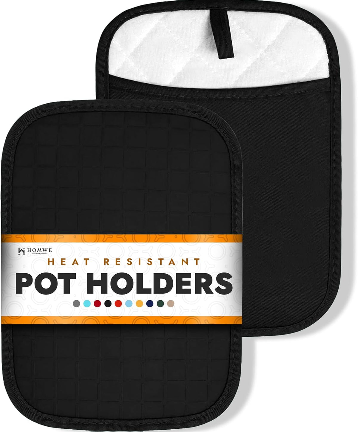 Silicone Kitchen Pot Holders with Pockets, 2 Pc Set Trivet, Steam and Heat Resistant Hand and Countertop Protection Hot Pads, Non-Slip Grip potholders, Terrycloth Interior Lining, Black