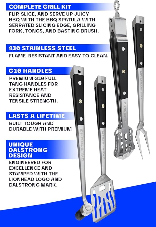 DALSTRONG 4-Piece Professional BBQ Pitmaster Grill Set - Premium High-Carbon Stainless Steel Grilling - 18 inch Length - Silicone Brush, Spatula, Tongs, Fork - G10 Handles