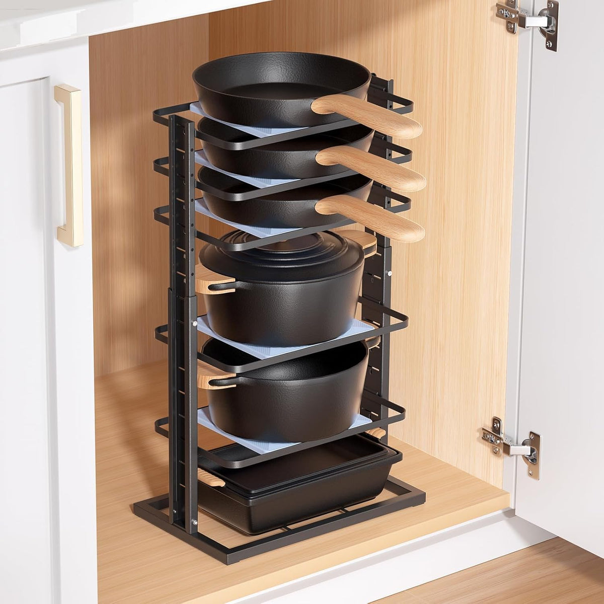 LAMU Pots and Pans Organizer for under Cabinet, 6-Tier Heavy Duty Pan Pot Organizers inside Cabinet Adjustable 14 to 23.39", Pot Rack Kitchen Cabinet Organization and Storage Holds up to 12" Cookware
