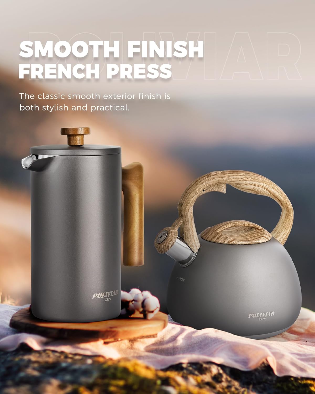 POLIVIAR French Press Coffee Maker, 34 Ounce Coffee Press with Real Wood Handle, Double Wall Insulation & Dual-Filter Screen, Food Grade Stainless Steel for Good Coffee and Tea (Cliff)