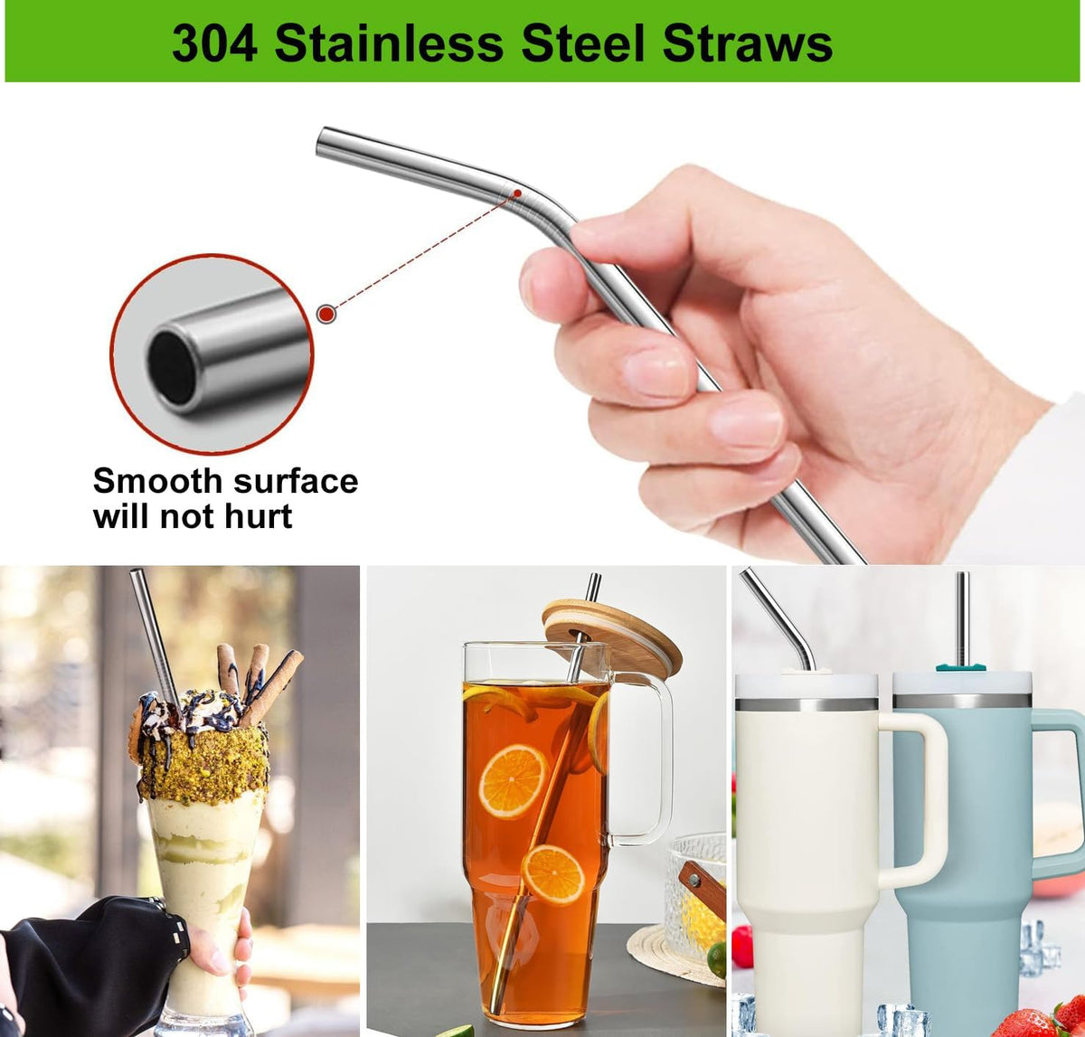 12" Stainless Steel Straws Replacement for Stanley Adventure Quencher 40 oz 30 oz Cup Tumbler, 4 Pack Metal Straws Reusable with Cleaning Brush for Stanley 40 oz & Simple Modern Tumbler with Handle