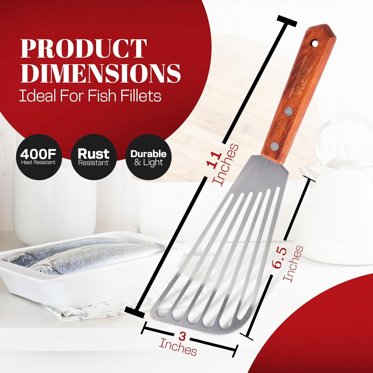 1 Slotted Elegant Silver Fish Turner Spatula - Metal Fish Spatula with 6.5 inch Blade & Ergonomic Wooden Handle - Ideal for Home and Professional Chefs