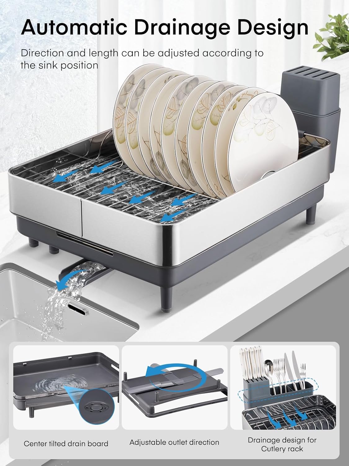 FOHERE Large Dish Drying Rack, Expandable Dish Rack, Stainless Steel Dish Rack for Kitchen Counter, Anti-Rust Dish Drainer with Cutlery & Cup Holders for Dishes, Knives, Spoons and Forks, Grey
