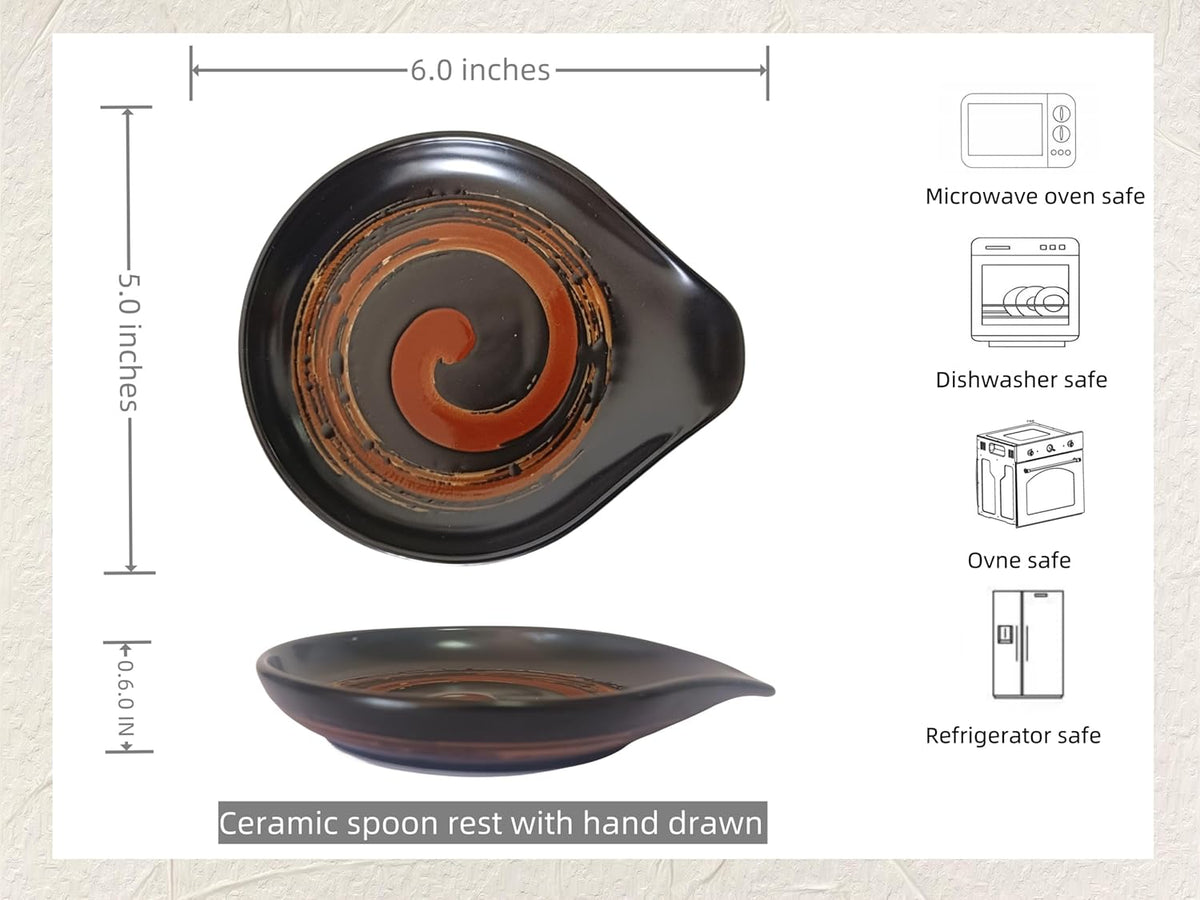 Ceramic Spoon Rest for Stove Top, Hand Painted Brown Swirl Spoon Rest for Kitchen Counter, Retro Cooking Spoon Holder for Kitchen Counter, Utensil Rest for Spatula Ladle or Tong (Matte Black)