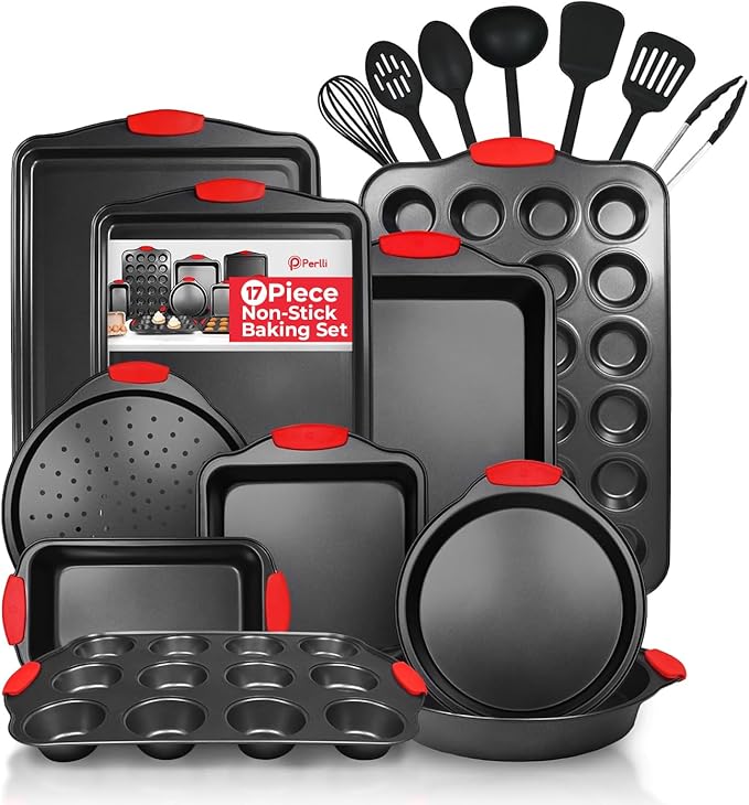PERLLI Non-Stick 17-Piece Baking Pan Set, BPA-Free Carbon Steel Bakeware Set with Silicone Handles, Stackable Kitchen Oven Set, Cookie Sheet, Baking Tray, Baking Sheet Set, Utensils, Oven Safe (446°F)