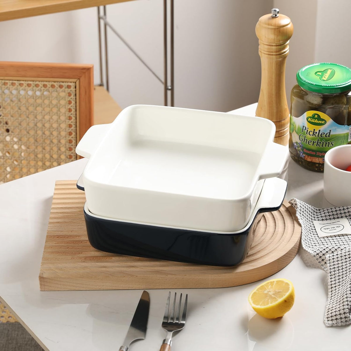 Sweejar Ceramic Baking Dish, 8 x 8 Cake Baking Pan for Brownie, Porcelain Square Bakeware with Double Handle for Casserole, Lasagna, Family Dinner (White)