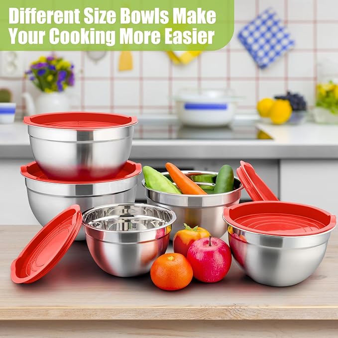 P&P CHEF Mixing Bowls with Airtight Lids Set of 5, 10-Piece Stainless Steel Mixing Nesting Bowl, Metal Bowl with Lid for Kitchen Prepping & Storing, Size 4.6, 3, 1.5, 1, 0.7 QT, Red