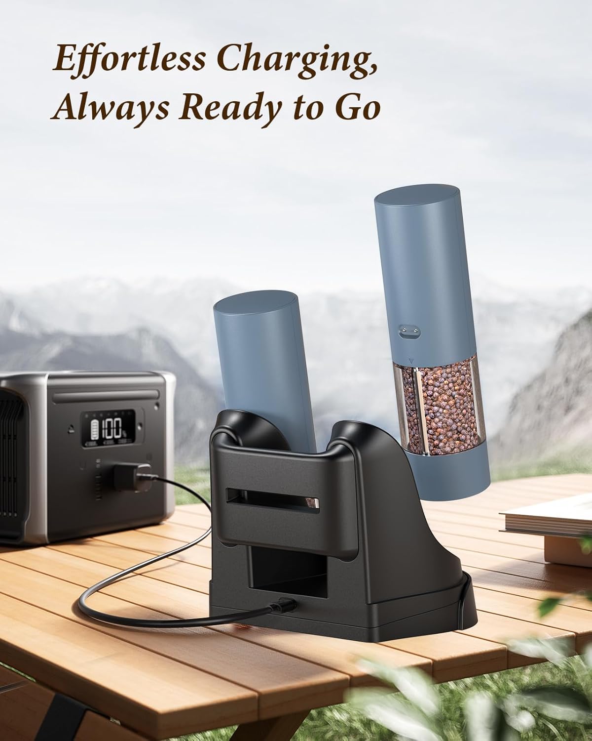 Electric Salt and Pepper Grinder Set - Automatic Refillable Salt and Pepper Grinders with Charging Base & LED Light, 6-Level Adjustable Coarseness with External Dial, Ideal Kitchen Gadget，Blue