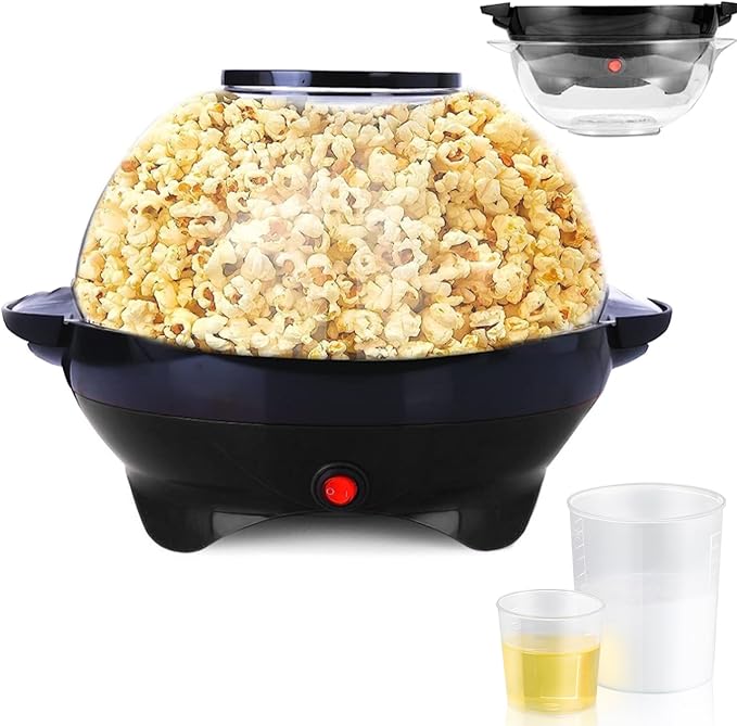 TLGREEN 6 Quart Popcorn Machine, Stir Crazy Popcorn Popper Machine, Electric Hot Oil Popcorn Maker Machine, with Nonstick Plate & Stirring Rod, Large Lid for Serving Bowl. (Black)