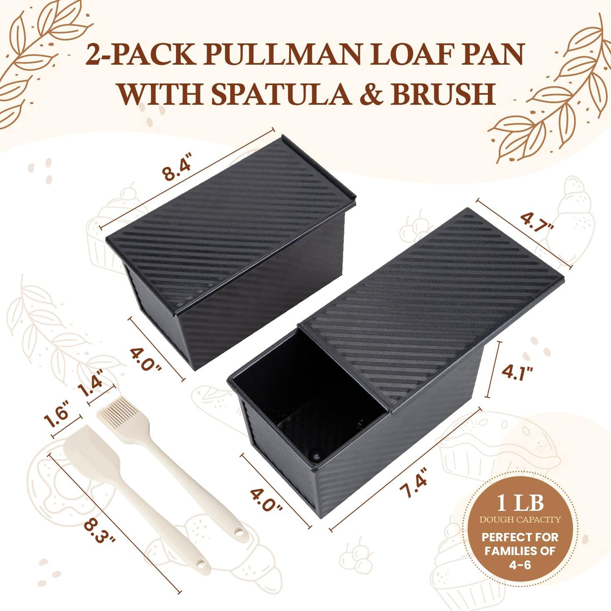 CARTMAN Bread Loaf Pan 2 Pack, 9x4 Pullman Loaf Pan with lid and a Silicone Spatula and Basting Pastry Brush, 1 lb Dough Capacity,Non-Stick Carbon Steel bread pans for homemade bread