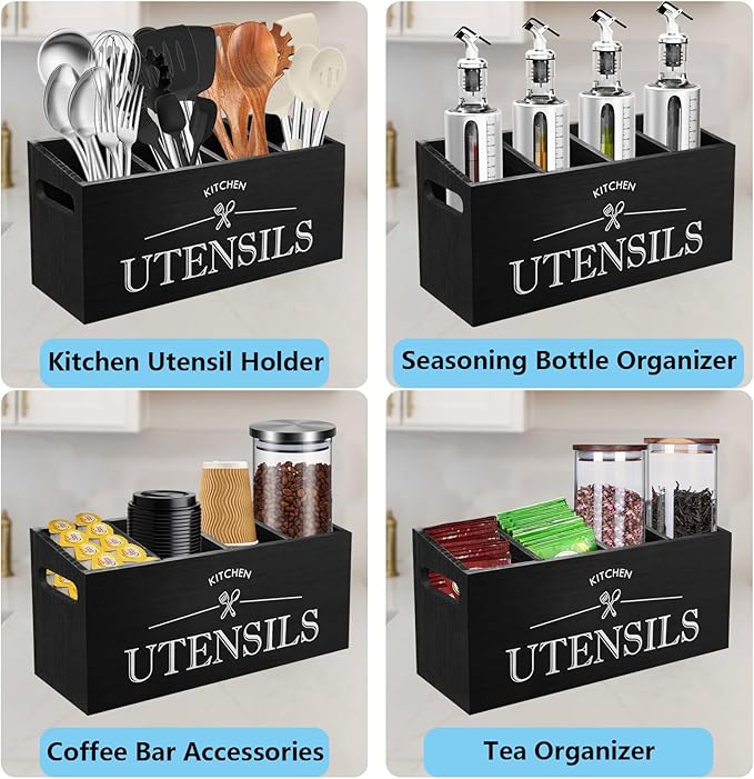 Kitchen Utensil Holder with 4 Compartments, Wooden Utensil Organizer for Countertop, Ideal for Storage and Organization, Rustic Cooking Utensil Kitchen Tool, Black