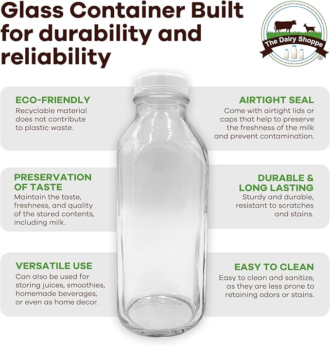 The Dairy Shoppe Heavy Glass Milk Bottles - Jugs with Lids and Silicone Pour Spouts - Clear Milk Containers for Fridge - Reusable Glass Milk Jug Dispenser - Made in USA (33.8 oz, 4 Pack)