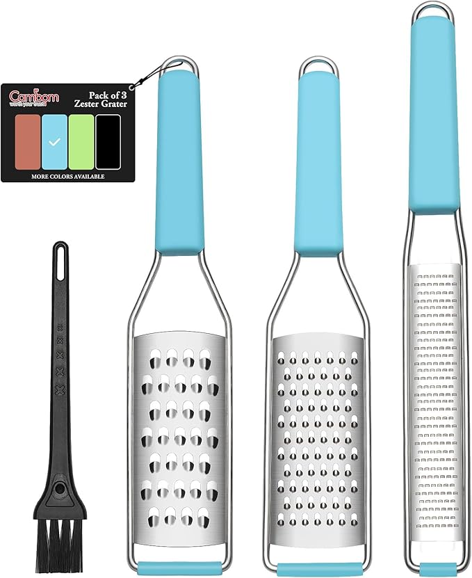 Cambom Lemon Zester Grater Three-piece Suit - Heavy Duty Kitchen Tool for Parmesan Cheese, Ginger, Garlic, Nutmeg, Chocolate, Vegetables，Fruits，Stainless Steel Grater Dishwasher Safe Blue