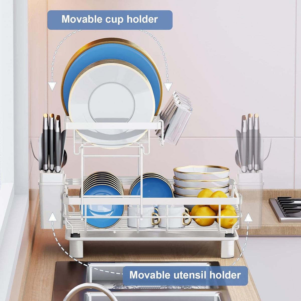 MOUKABAL Dish Drying Rack, 2 Tier Dish Rack, Large Dish Racks for Kitchen Counter, Dish Drainer with Removable Utensil Holder, Drainboard (White)