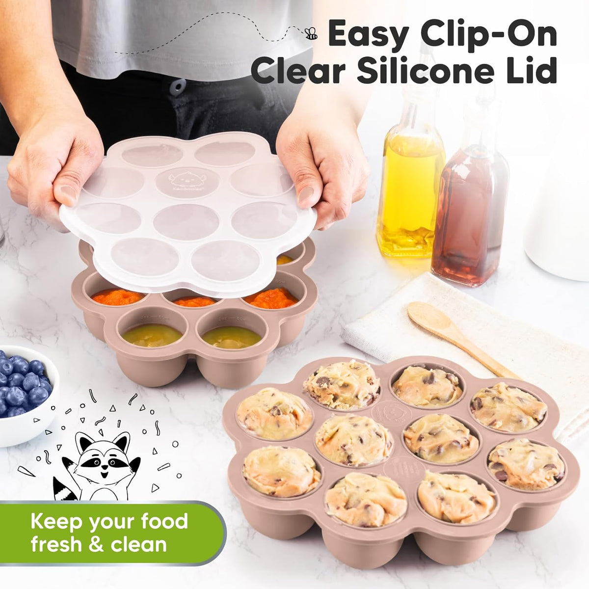 KeaBabies Silicone Food Freezer Trays with Lid, 2oz x 10 Pods Baby Food Storage Containers, Easy Puree Meal Prep, Breast Milk Silicone Freezer Molds, Dishwasher,Microwave Safe,BPA-Free Tray(Dusk)