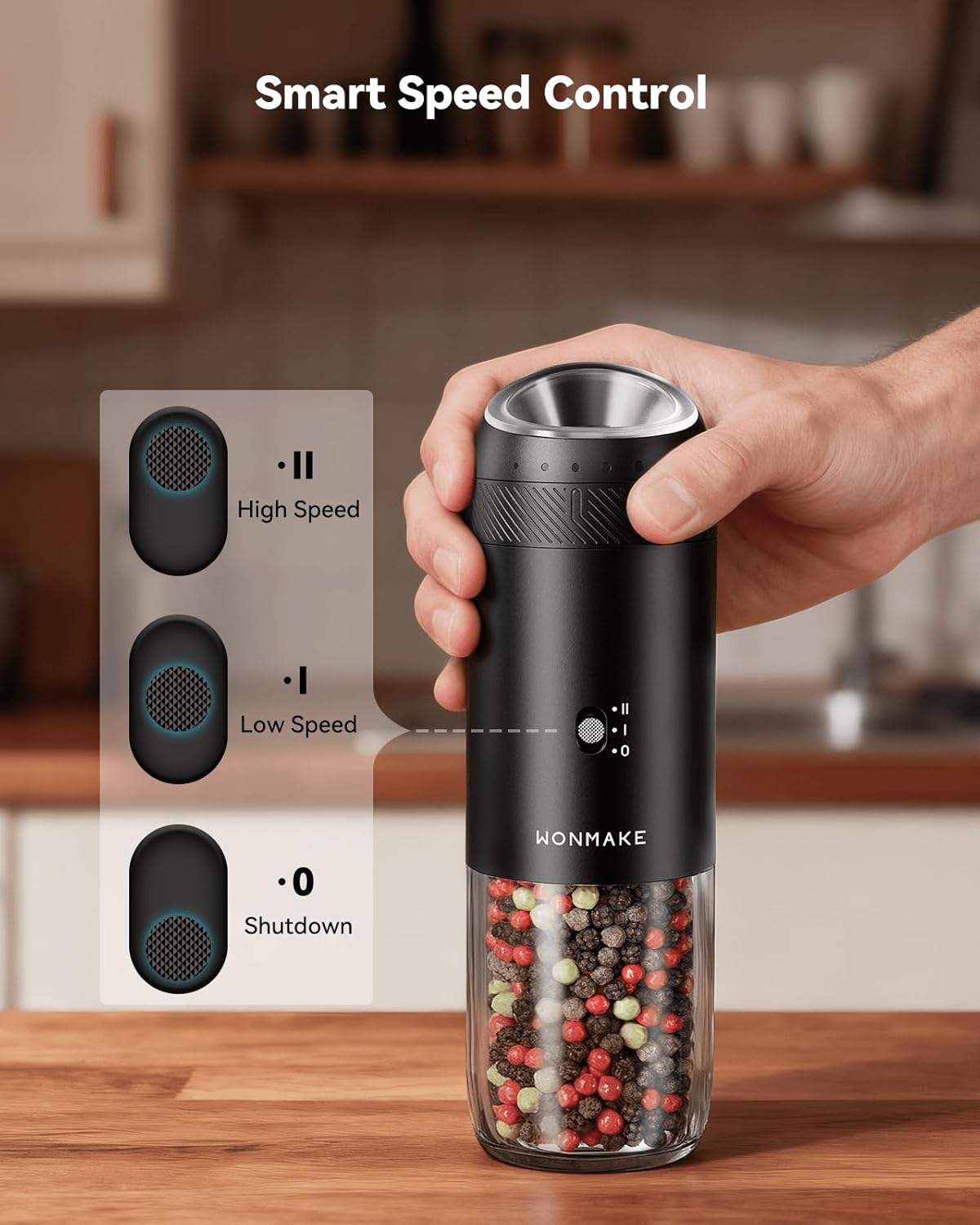 WONMAKE Gravity Electric Salt and Pepper Grinder Set with Charging Base, Automatic Salt and Pepper Mill, 6-Level Adjustable Coarseness, Dual Speed, and Large 5.95oz Capacity