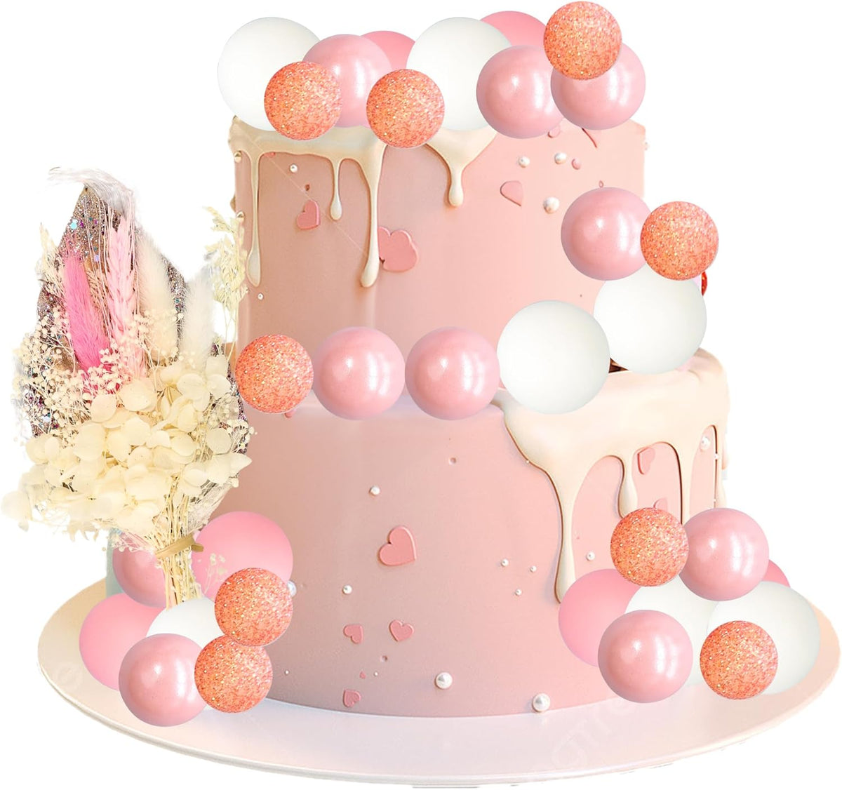 Gyufise 21 Pack Flower Boho Cake Topper Ball Cake Decorations Palm Leaves Plants Cake Decor for Girl Bohemian Princess Theme Wedding Baby Shower Birthday Party Supplies Pink White